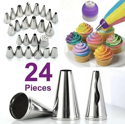 24 Pcs Large Cake Pastry Baking Decor Russian Icing Pipping Nozzles Tip Tool Set • £3.12