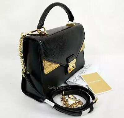 Michael Kors Sloan Embossed Leather Top Handle Push Lock Satchel Black And Gold • $199.99