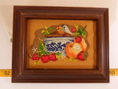 Handmade Crewel Fruit Picture 9 3/4  X 7 3/4  Cottage Core Vintage Framed • $10.46