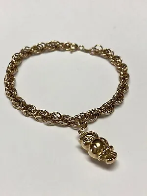 VINTAGE 14K GOLD ROUND LINK CHARM BRACELET 14K GOLD OWL CHARM.... 6.75 In. LONG • $495