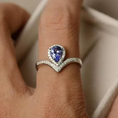 New Women's Ring 14K White Gold Plated Silver 2Ct Pear Cut Simulated Tanzanite • $97.99