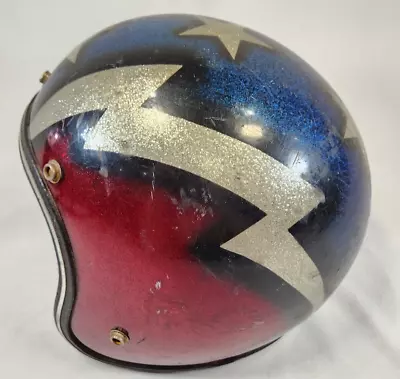 Vintage 1960's Red White Blue Metal Flake Stars Lightning Bolt Motorcycle Helmet • $50