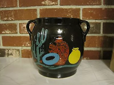 Vintage Usa Ceramic Black Hand Painted Cactus--mexican Pottery Cookie Jar • $30