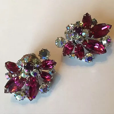 Vintage Vendome Signed Bright Pink And Borealis Rhinestone Earrings • $45