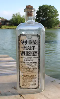 Rare Original   Aquinas Malt Medicinal Whiskey   Embossed Paper Label Bottle!! • $195