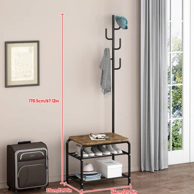 $44.65 • Buy Hall Tree With Entryway Coat Rack Shoe Bench With 2 Storage Shelf & Hooks USA
