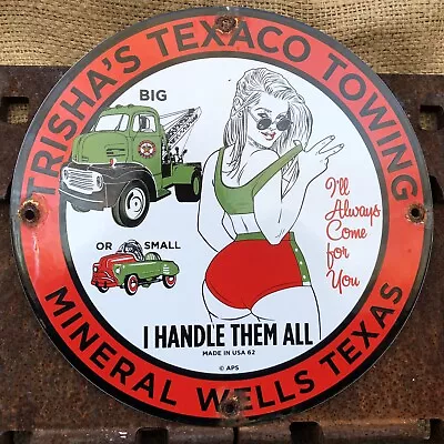 Vintage 1962 Dated Porcelain Trisha's Texaco Towing Texas Gas Oil Sign • $21.50