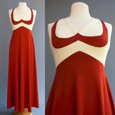 VTG 70s Disco Maxi Dress Heart Shaped Bodice Full Skirt Copper Beige Stunning M • $199