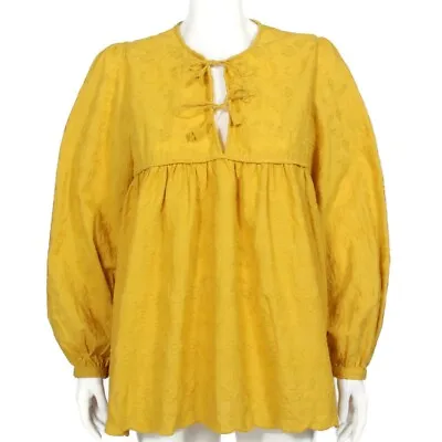MATTA NY Peasant Top Mustard Yellow Floral Embroidered Tie Boho Top Sz M /480 • $59.99