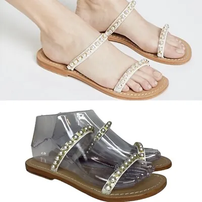 MYSTIQUE Sz 6 White Pearl Two Strap Leather Slide Flats Sandals Shoes • $35