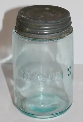 Vintage MASON'S #2 Canning Jar Blue Glass W/Zinc Lid Pint 5.5  H X 3.25  W VGC • $12.50