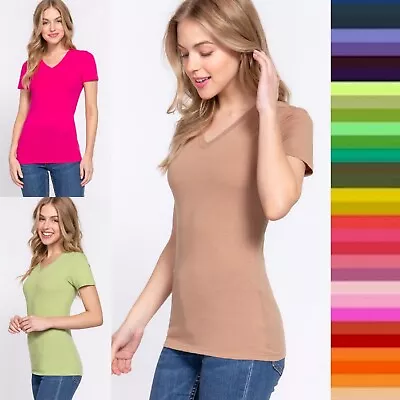 $6.45 • Buy Women's V Neck Short Sleeve Basic Shirt Top Soft Stretch Cotton T-Shirt