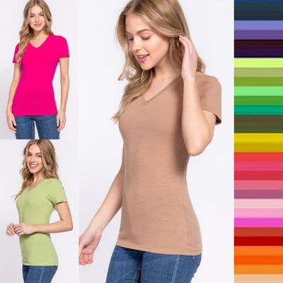 $6.45 • Buy Women's V Neck Short Sleeve Basic Shirt Top Soft Stretch Cotton T-Shirt