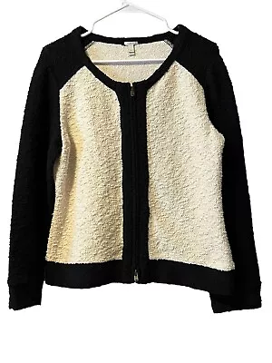 J. Crew Boucle Cardigan Zip Sweater Jacket Bomber Black White Women's Size Large • $21