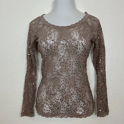 Moda International Rose Gold Stretch Lace Boat Neck L/S Size M Sheer Y2K • $15.99