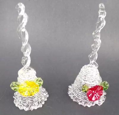 Hand Blown Spun Clear Glass Bells Twisted Handle 6  Set Of 2 Yellow Red Floral • $20