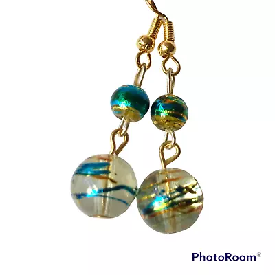 Aqua Blue Yellow Murano Glass Earrings Bead Hand Painted Round Gold Plated • $9.99