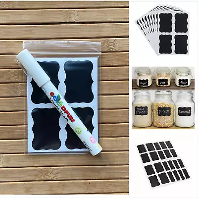 40 Black Chalkboard Stickers Labels Pen Set Reusable Kitchen Spice Jam Jar Rack • £4.49