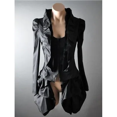 Black Ruffle Steampunk Goth Bustle Womens Tailcoat Shirt Costume Blouse Top M • $39.99