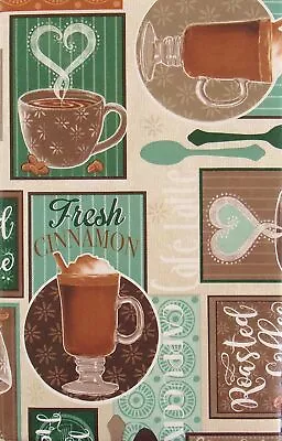 Patchwork Coffee Latte Java Vinyl Flannel Tablecloth 52 X 70 Oblong Green Tan • $19.99