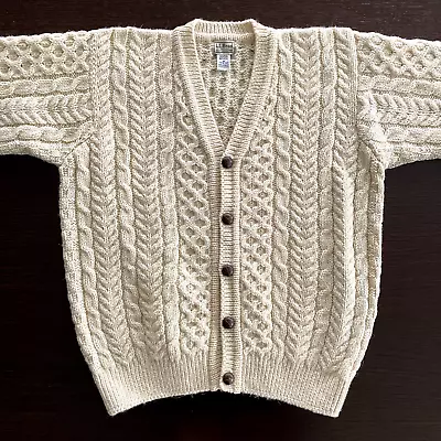 Vintage LL Bean 100% Wool Medium Ivory Cardigan Made Ireland Chunky Fisherman • $74.99