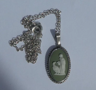 £35 • Buy Vintage Sterling Silver Wedgwood Sage Jasperware Pendant And Necklace 1979