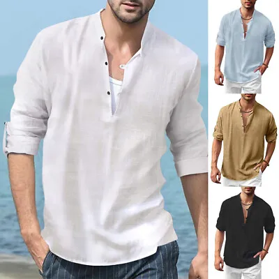 Men Casual Cotton Linen Long Sleeve Beach T-Shirt Shirts Blouse Tops Tunic Hot • £4.91