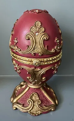 Egg Trinket Music Box Footed Pedestal Red Crystal Rhinestones Red Gold • $21.99