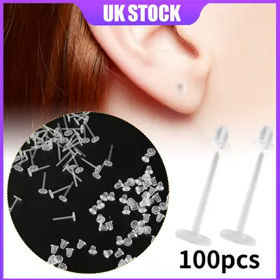 100X Invisible Plastic Earring Pins & Anti-Allergy Rubber Studs Jewellery Retain • £2.99