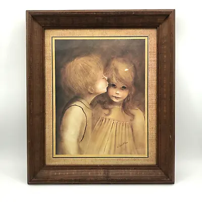 Vintage Margaret Kane  A Little Kiss  Big Eyes Boy Girl Framed Print Art 16 X13  • $24.99