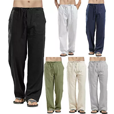 Mens Cotton Linen Baggy Trousers Wide Leg Elastic Waist Casual Loose Harem Pants • £12.49