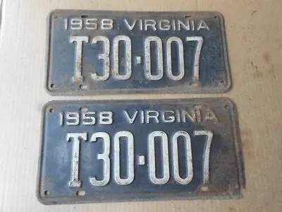 1958 VA Virginia T30-007 License Plate Pair Original Tag Set YOM • $24.99