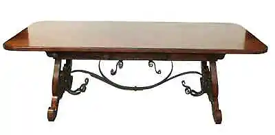 Maitland Smith Baroque Spanish Style Dining Table W/ Inlay & Metal Stretcher 90” • $2895