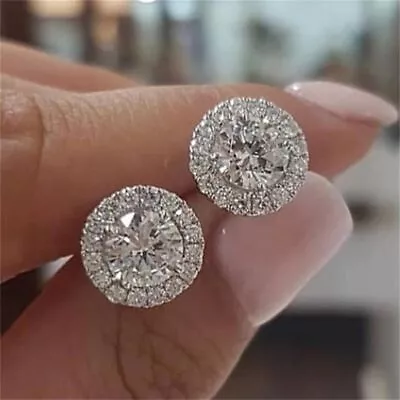 Gifts Shiny Zircon Women Men Round Moissanite Stud White Diamond Earrings • £2.75