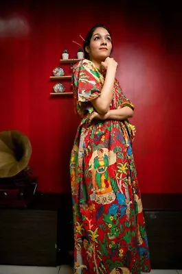 Indian Cotton Red Floral Printed Kaftan Dress Women's Clothing Kaftan Dress AU • $33.75