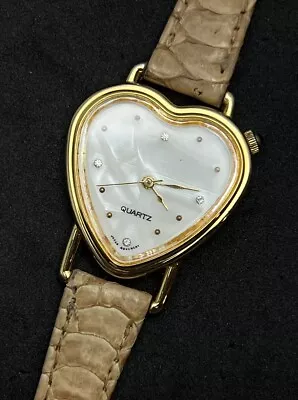 Vintage New MARCEL Women’s 27mm Heart Shaped Quartz Watch Gold Case MOP Lizard • $98