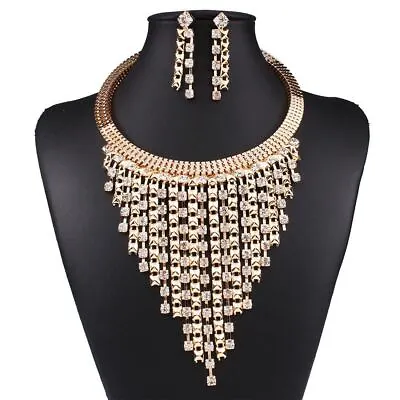 £5.99 • Buy Bling Crystal Fringed Tassel Gold Choker Statement Necklace Earring Set