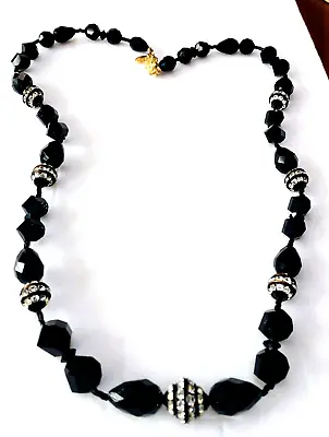 Elegant  Vtg VENDOME  Necklace  Lustrous Jet Black Beads  Rhinestone Rondelles • $45