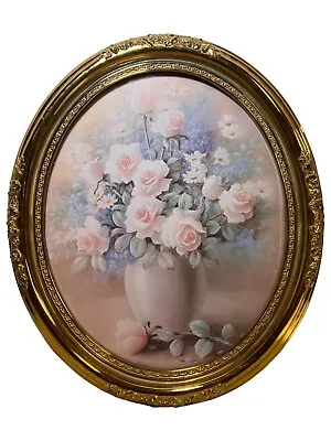 T.C. CHIU Fine Art Print Pink Roses & Violets Beautiful Oval Gold Framed 18 X 15 • $25.49