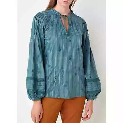 Fabienne Chapot Teal Metallic Long Sleeve Embroidered Peasant Blouse 42/ US XS • $24