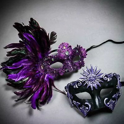 Purple Venetian Halloween Masquerade Ball Party Dance Couple's Mask W/ Feather • $34.99