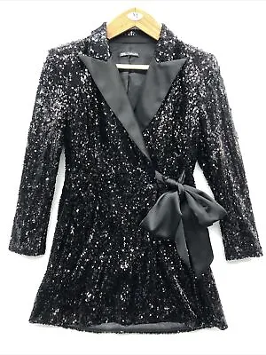 $55.08 • Buy Zara Women’s Dress Large Black Tuxedo Short Wrap Sequin Bow Holiday Party