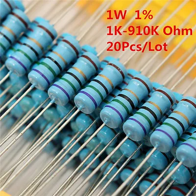 20Pcs 1W 1 Watt Metal Film Resistor ±1% 1K -910K Ω Ohm 1 K - 910 K Free Shipping • $1.44