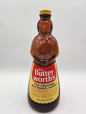 Vintage Mrs Butterworth’s Amber Glass Syrup Bottle Metal Lid Indented Bottom .49 • $16.25