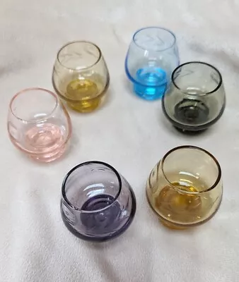 Mini Cordials Snifters Colored Glass 6 Pcs 1 Oz Etched Shot Glasses Rare Vintage • $17.99