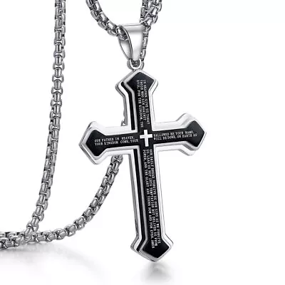 Men Cross Pendant Necklace Stainless Steel Multilayer Lord's Prayer Chain 24  • $10.39