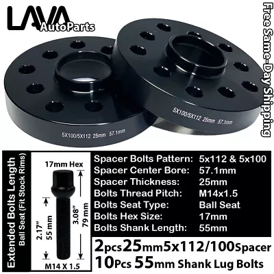 $72.99 • Buy 2PC 25MM THICK 5X112 & 5x100 57.1MM C.B WHEEL SPACER +14x1.5 BOLT FIT VOLKSWAGEN