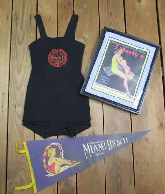 Vintage 1920s BVD Wool Swimsuit Bathing Suit Beach Theme Magazine Framed Pennant • $495