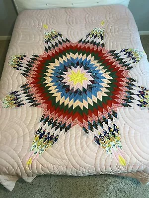 $105 • Buy Vintage Style Lone Star Patchwork Quilt Pink With Multicolor Star