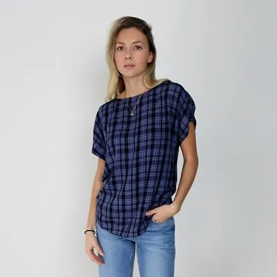 Womens Blue Black Tartan Check T-Shirt Top Size 8 - 18 • £12.50